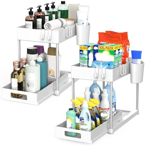 2 Pack Under Sink Organizer with Pull-Out Drawer, White