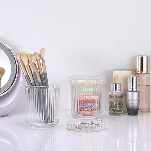 2 Pack Glass Qtip Holder with Lid, Qtip Dispenser Bathroom Storage Jars- Glass Apothecary Jars for Cotton Ball, Swab, Pads, Floss Picks, Bathroom Accessories Organization and Vanity Organizer(Clear)