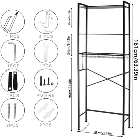 Over The Toilet Storage Rack, 3-Tier Bathroom Organizer Shelf with Toilet Paper Holder & 3 Hooks, Freestanding Metal Over Toilet Storage Shelves for Small Bathroom Spaces, Brown