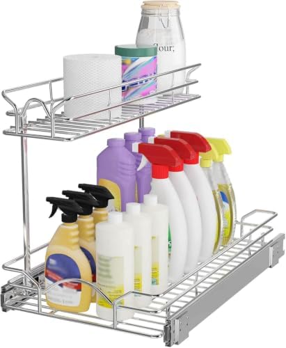 OCG Under Sink Cabinet Organizer Two Tier Pull Out Shelf (11.75W x21D), Under Sink Sliding Shelf for Kitchen Bathroom Cabinet 2 Tier Chrome