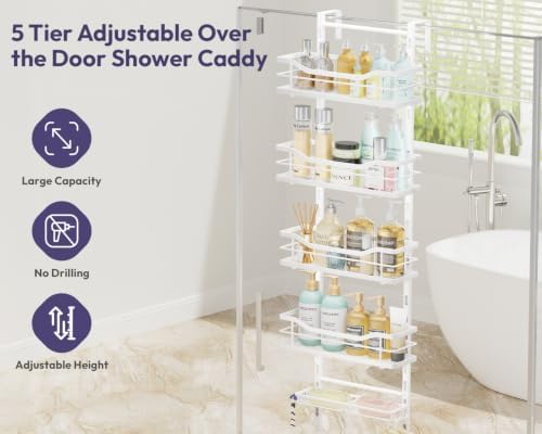 SWTYMIKI Over the Door Shower Caddy - 5 Tier Adjustable Shower Organizer Hanging with Soap Holder, No Drilling Stainless Steel Bathroom Rack Hanging for Body Wash, Shampoo, Soap, Razor, White