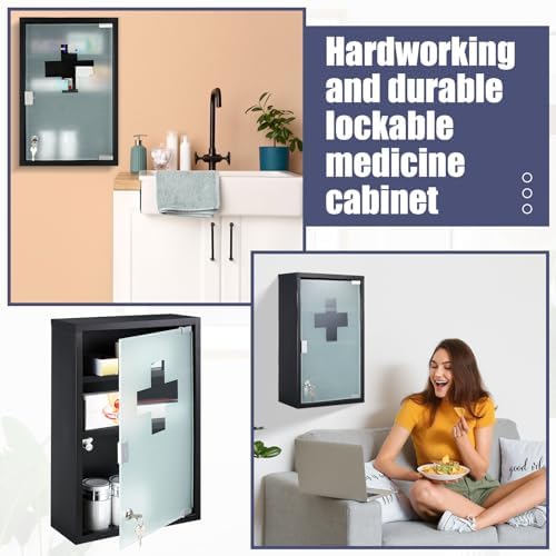 Timgle First Aid Wall Cabinet with Lock Medicine Wall Mounted Bathroom Storage Hanging Medical Cabinet with Safety Glass Door for Bathroom(3 Shelves,Black)