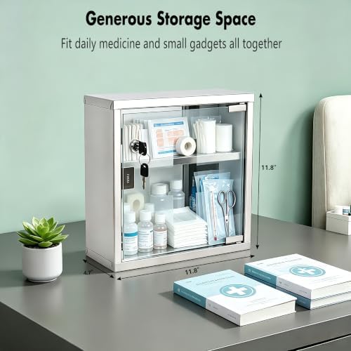 Locking Stainless Steel Medicine Cabinet, 2 Tier Wall Mounted Storage Cabinet, Durable Stainless Steel, Surface or Flush Mount, Ideal for Home, Office or First Aid, 11.8 in. x 4.7 in. x 11.8 in