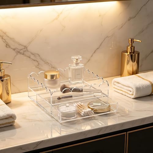 Scalloped Acrylic Tray, 8”x 8” Clear Acrylic Tray with Upgraded 1" Height Drawer for Vanity Jewelry Makeup Organized Skincare Storage, Acrylic Display Tray for Insert Needlepoint Photo Art Home Decor
