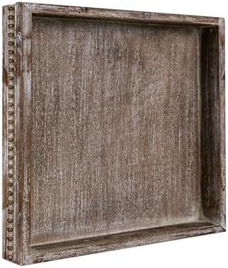 Wooden Decorative Tray, Small Serving Tray with Wood Bead, Farmhouse Big Tray for Ottoman, Countertop, Coffee Tabl, 13" x 13"x 1.6" (Retro Brown)