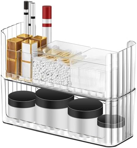 Poeland 2 Pack Stackable Makeup Organizer Tray, Transparent Cosmetic Display Case with 2 Lipstick Cases and 2 Cotton Swab Pad Boxes, Medicine Cabinet Shelves Organizer