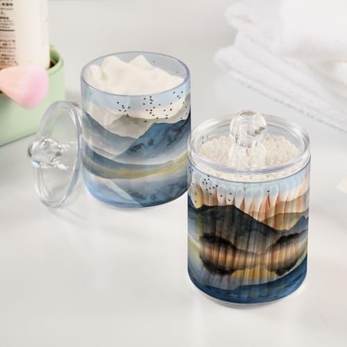 MNSRUU 4 Pack Qtip Holder Organizer Dispenser Abstract Art Mountains and Birds Bathroom Containers Bathroom Vanity Storage Canister Apothecary Jars for Cotton Swabs/Pads/Floss
