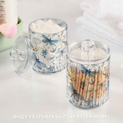 2-Pack Qtip Holder Dispenser with Lids, Blue Floral Dragonflies Plastic Storage Containers - Bathroom Canisters Organizer for Cotton Swab, Floss 21215128