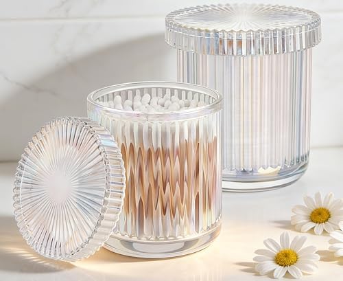 2‑Pack Clear Opalescent Glass Qtip Holder, Vanity & Bathroom Storage