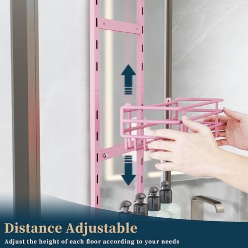 Consumest Over The Door Shower Caddy - 5 Tier Adjustable Shower Organizer Hanging with 2 Toothbrush Holders & 4 Hooks, Rustproof Organizer Shelf, Storage Rack for Bathroom, Pink