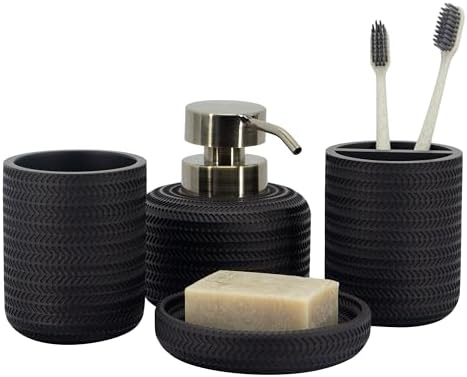 ZCCZ Black Bathroom Accessories Set 4 Pcs - Toothbrush Holder, Soap Dispenser, Vanity Tray, Tumbler - Countertop Organizer for Bathroom - Modern Accessory Set for Home Decor and Storage