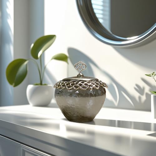 Decozen Qtip Holder and Cotton Jar with Lid - Elegant Glass and Metal Organizer for Decorative Kitchen Home Decor Bath Accessories Countertop Glass Jar Lid Organizer - The Arabesque Collection