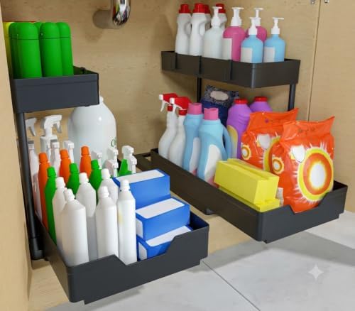NATURE'S SOURCE 2 Pack Under Sink Organizer 2 Tier Sliding Cabinet Organizers Multi-Purpose Sink Storage Basket L-Shape Narrow Space Storage Shelves with 4 Hook for Kitchen Bathroom Drawer, Black