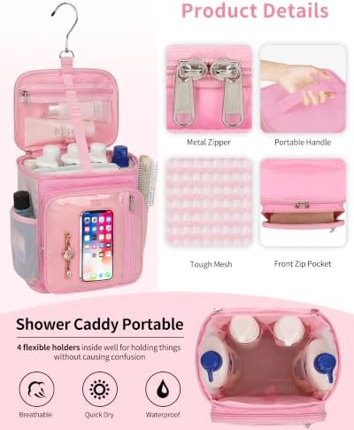 CUBETASTIC Mesh Shower Caddy Bag Portable - Large Capacity Shower Bag with Waterproof Phone Pocket & Sturdy Hook, Dorm Shower Caddy for Travel, Gym, College Essentials for Women & Men (Pink, M)