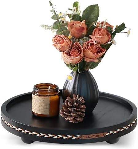Round Wooden Decorative Tray Coffee Table Tray Home Decor 11.8" Strip Black