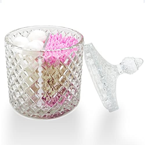 Bathroom Glass Qtip Holder Canister with Plastic Partition and Lid for Cotton Swabs Balls Rounds, Home Vanity Countertop Storage Organizer Container