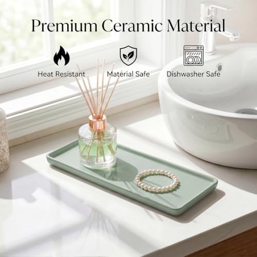 8″ x 3.7″Ceramic Vanity Tray, Decorative Rectangular Organizer for Bathroom Countertop, Dresser Top, Kitchen & Bathtub, for Soap, Perfume, Candle, Jewelry & Cosmetics (Green)