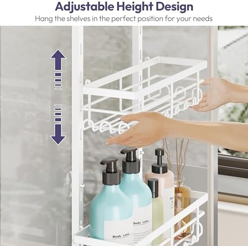 SWTYMIKI Over The Door Shower Caddy - 3 Tier Rustproof Hanging Shower Organizer with Adjustable Shelves, 28 Hooks & Soap Holder, Hanging Shower Rack Storage for Bathroom Accessories, White