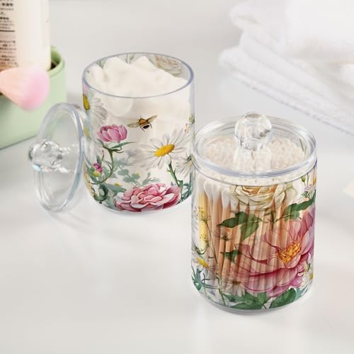 Flower Plastic Jars Cotton Swabs Cans, Spring Flower Garden Bathroom Canisters Storage Organizer with Lids 2PCs Set for Cotton Ball, flossers, Hair Bands