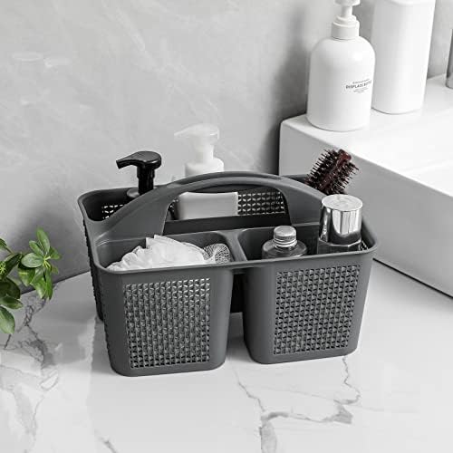 Plastic Portable Shower Caddy Basket with Handle, 3 Compartments, Dark Grey