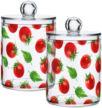 DOMIKING Fruit Leaf Vegetable White 2 Pack Cotton Swab Holder Dispenser Plastic Jar Bathroom Storage Canister Acrylic Containers for Cotton Round Pads Ball Swab
