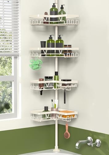 KEGII Shower Corner Caddy Tension Pole, Corner Bathtub Shelf, Cream White