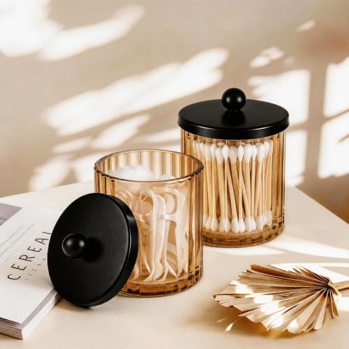 Amber Amber Glass Apothecary Jar, Q-tip Holder for Bathroom(Black 4 Pack)