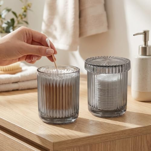rejomiik 2 Pack Thick Glass Qtip Holder Apothecary Jars with Lids, Gray