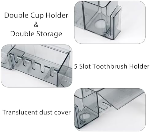 5 Slots Wall Mount Toothbrush Holder with Cover, Self Adhesive Toothbrush Storage Organizer for Shower, Toothpaste & Toothbrush Hanger for Bathroom, Medicine Cabinet, Dorm (Gray Large)