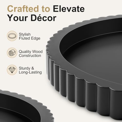 FGU 2 Pack Round Wood Decorative Trays for Coffee Table Decor, Black