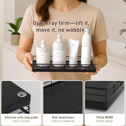 Toilet Paper Basket Organizer, Oak Wood Toilet Tank Tray with Metal Frame