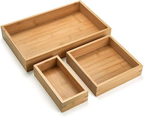 3 Pcs Bamboo Bathroom Tray, Flat Wood Basket Tray, Wooden Shallow Storage Basket, Bamboo Organizer for Bathroom, Living Room, Kitchen Countertop