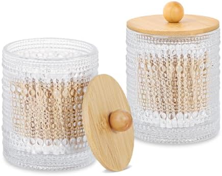 Bathroom Qtip Holder Set,Glass Apothecary Jars with Lids,Bamboo Cotton Ball Holder,Clear Cotton Swab Holder,Bathroom Vanity Storage Organizer Jars for Round,Bath Salts,Candy,Jewelry (Nail)