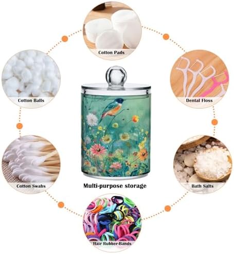 senya Clear Plastic Jars Cotton Swabs Cans, Bird Wildflowers Emerald Green Bathroom Canisters Storage Organizer with Lids 2PCs Set for Cotton Ball, Cotton Swab, flossers, Hair Bands