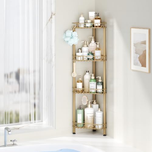 SWTYMIKI Standing Shower Caddy Corner - 4‑Tier Stainless Steel Shower Organizer Shelf with 12 Hooks and Adhesive Pads, Rustproof Corner Shelves Stand Rack for Bathroom Shower Room, Gold