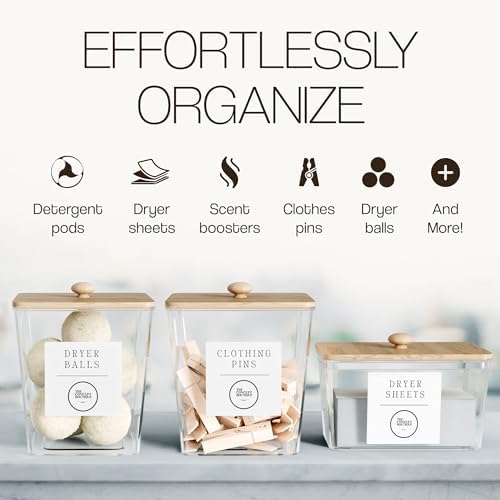 3 Pack Acrylic Laundry Room Organization Containers with Gold & Wood Knobs – Laundry Pods Container & Detergent Organizer Set | Clear Laundry Jars | Scoops & Customizable Labels | Storage Canisters