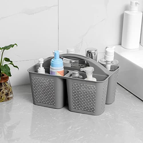 Plastic Portable Shower Caddy Basket with Handle, 3 Compartments, Grey