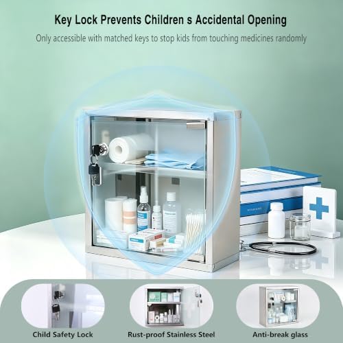 Locking Stainless Steel Medicine Cabinet, 2 Tier Wall Mounted Storage Cabinet, Durable Stainless Steel, Surface or Flush Mount, Ideal for Home, Office or First Aid, 11.8 in. x 4.7 in. x 11.8 in