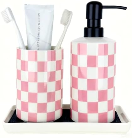 Bathroom Toothbrush Holder Set, Ceramic Soap Dispenser and Tooth Brush Holder Set, Bathroom Accessories Sets Countertop, Girly Pink Checkered Bathroom Decor for Girls Women