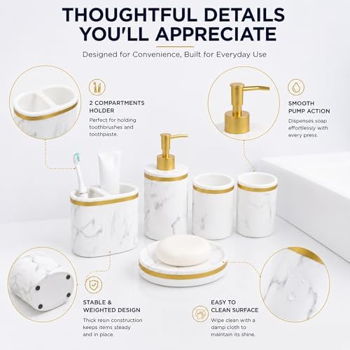 5-Piece Bathroom Counter Top Accessory Set - Dispenser for Liquid Soap or Lotion, Soap Dish, 2 Tumblers and Toothbrush Holder, Marble Pattern Resin (Classic White)