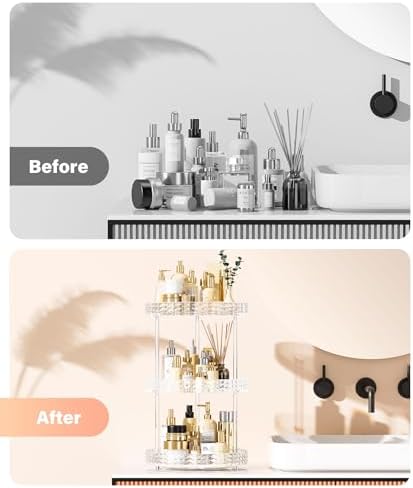 3Tier Diamond Lazy Susan Bathroom Countertop Organizer, 360° Clear Rotating Makeup Cosmetic Perfume Storage Tray, Spinning Vanity Organizer Shelf for Bathroom Cabinet, Dresser, Kitchen(Large)