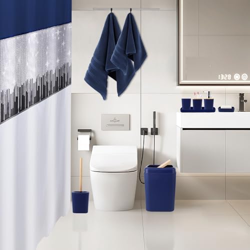 Bathroom Accessories Set with Sequin Shower Curtain, Navy Blue Bathroom Set with Trash Can,Towel Set,Shower Curtain Set