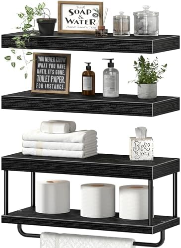 QEEIG Bathroom Floating Shelves Over Toilet (Black, Set of 3, 15.7")