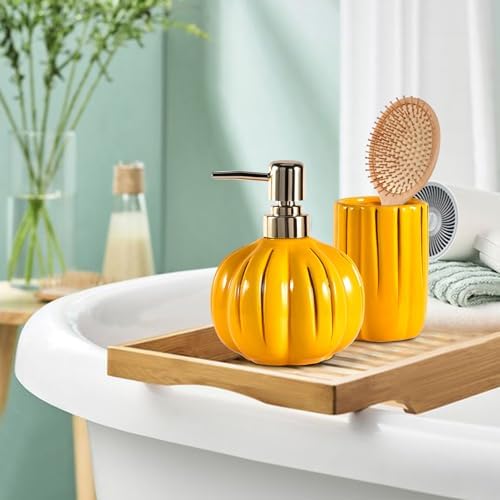 Fall Bathroom Accessories Set of 3, Thanksgiving Pumpkin Bathroom Decor, Ceramic Bathroom Sets Complete -Toothbrush Holders, Soap Dispenser, Soap Dish, Bathroom Organizer for Countertop