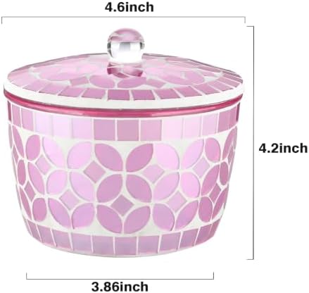 Bathroom Qtip Holder, Pink Floss Pick Dispenser, Canister Jar Qtip Dispenser Holder Mosaic Glass with Lid- for Cotton Swabs,Bath Salts, Hair Band, Cotton Balls and Candy Jar