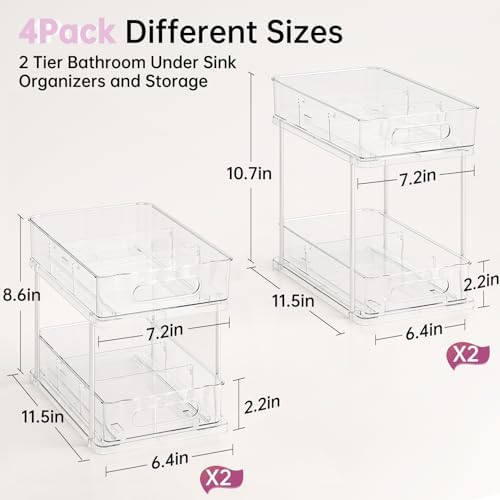 Delamu 2 Tier Under Sink Organizer Bathroom, Bathroom Cabinet Organizer with Snap-Lock Design and Hooks, Pull Out Storage with Movable Dividers, for Countertop, Kitchen and Pantry (Clear, 4 Pack)