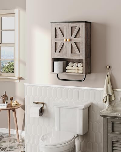 CHOEZON Bathroom Wall Cabinet, Medicine Cabinet with Open Partition and Towel Bar, Rustic Storage Cabinet with Open and Hidden Storage Space, for Bathroom, Living Room, Greige and Charcoal Black