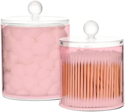 Gredecor Pink Apothecary Jars with Lids for Bathroom & Kitchen Organization Containers Acrylic Plastic Organizers Great for Q-Tip Cotton Swabs, Jewelry, Food & Candy Storage, Set of 2 Sizes