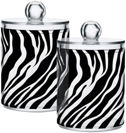 ALAZA White Black Print Zebra 4 Pack Qtip Holder Dispenser for Cotton Swabs, Balls, Pads, Floss 10 oz Plastic Canister Organizer