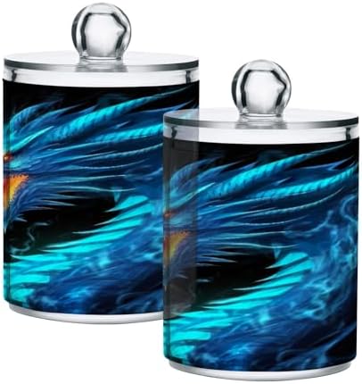 Blueangle 2 Pack Blue Dragon Qtip Holder Dispenser for Cotton Ball, Cotton Swab - Plastic Apothecary Jar Set for Bathroom Canister Storage Organization（899）